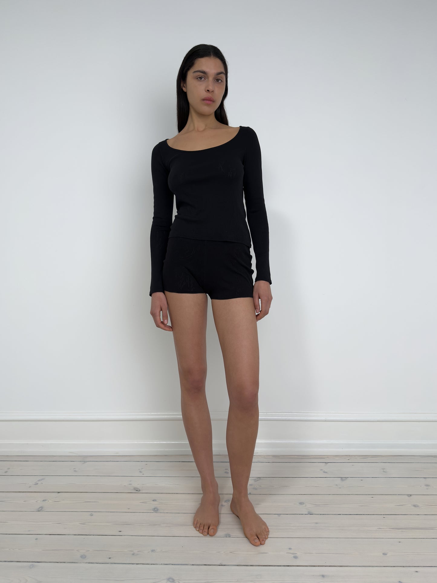 Long Sleeved T-Shirt With Deep Neckline, Black