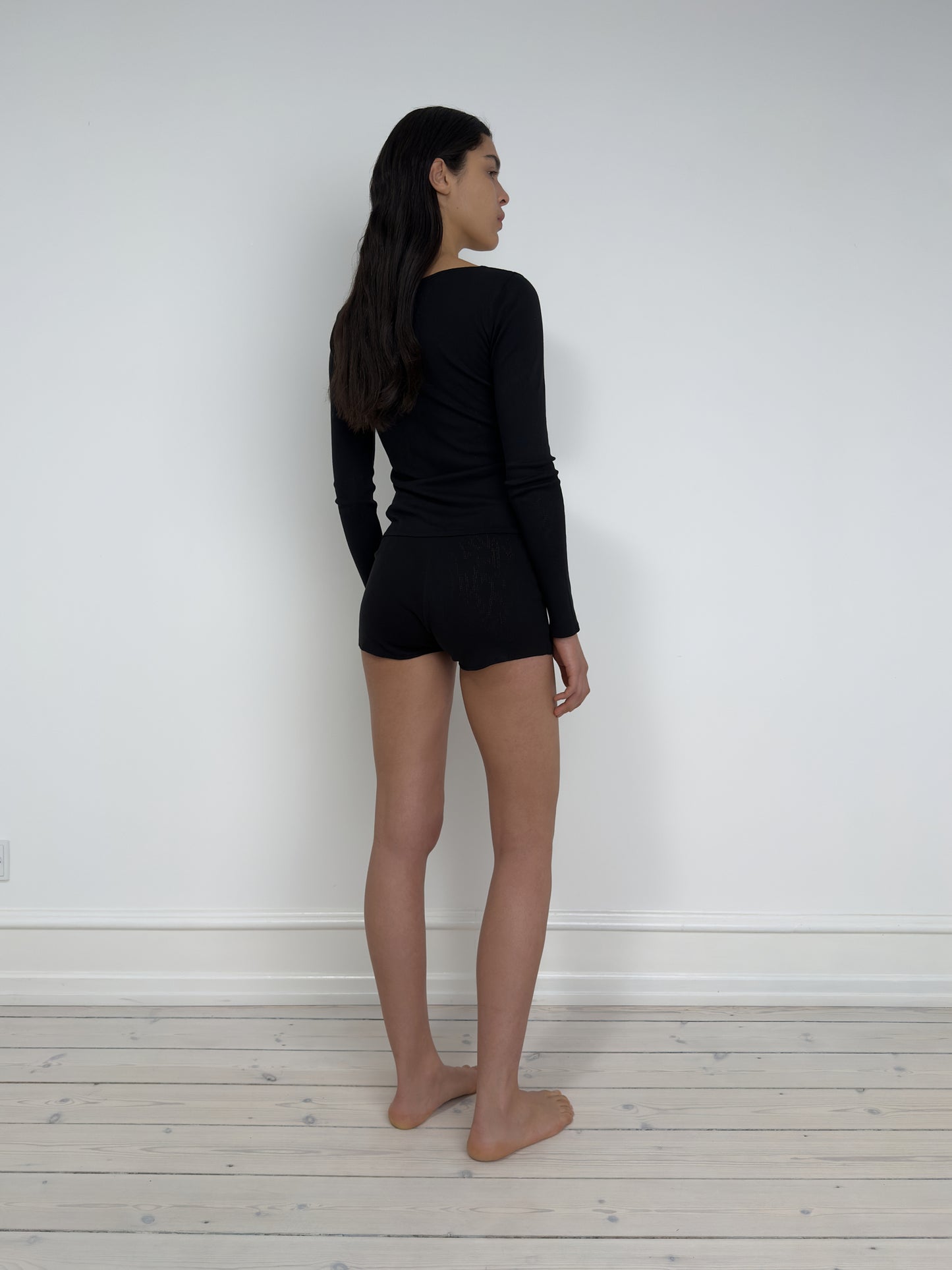 Long Sleeved T-Shirt With Deep Neckline, Black