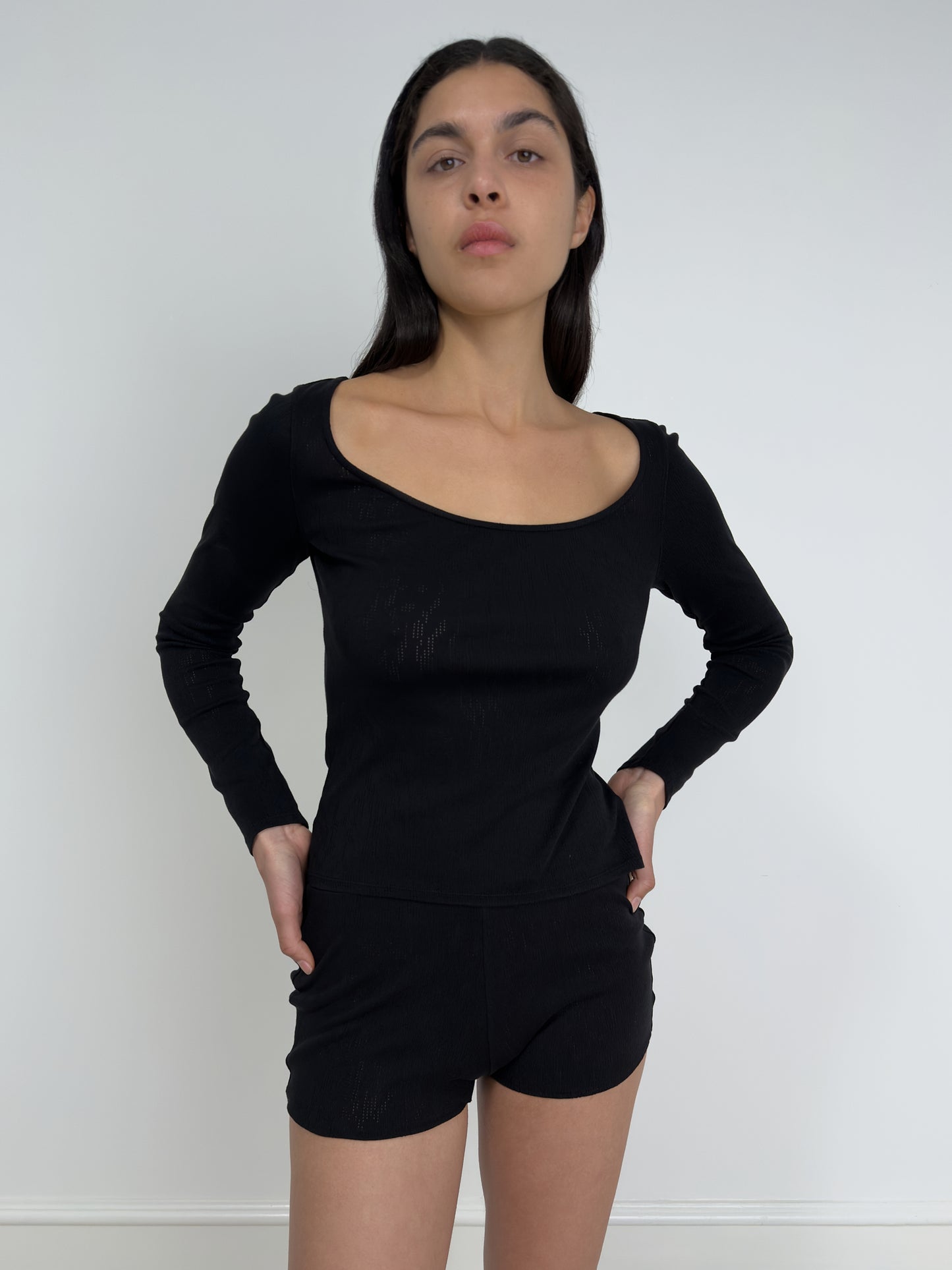Long Sleeved T-Shirt With Deep Neckline, Black
