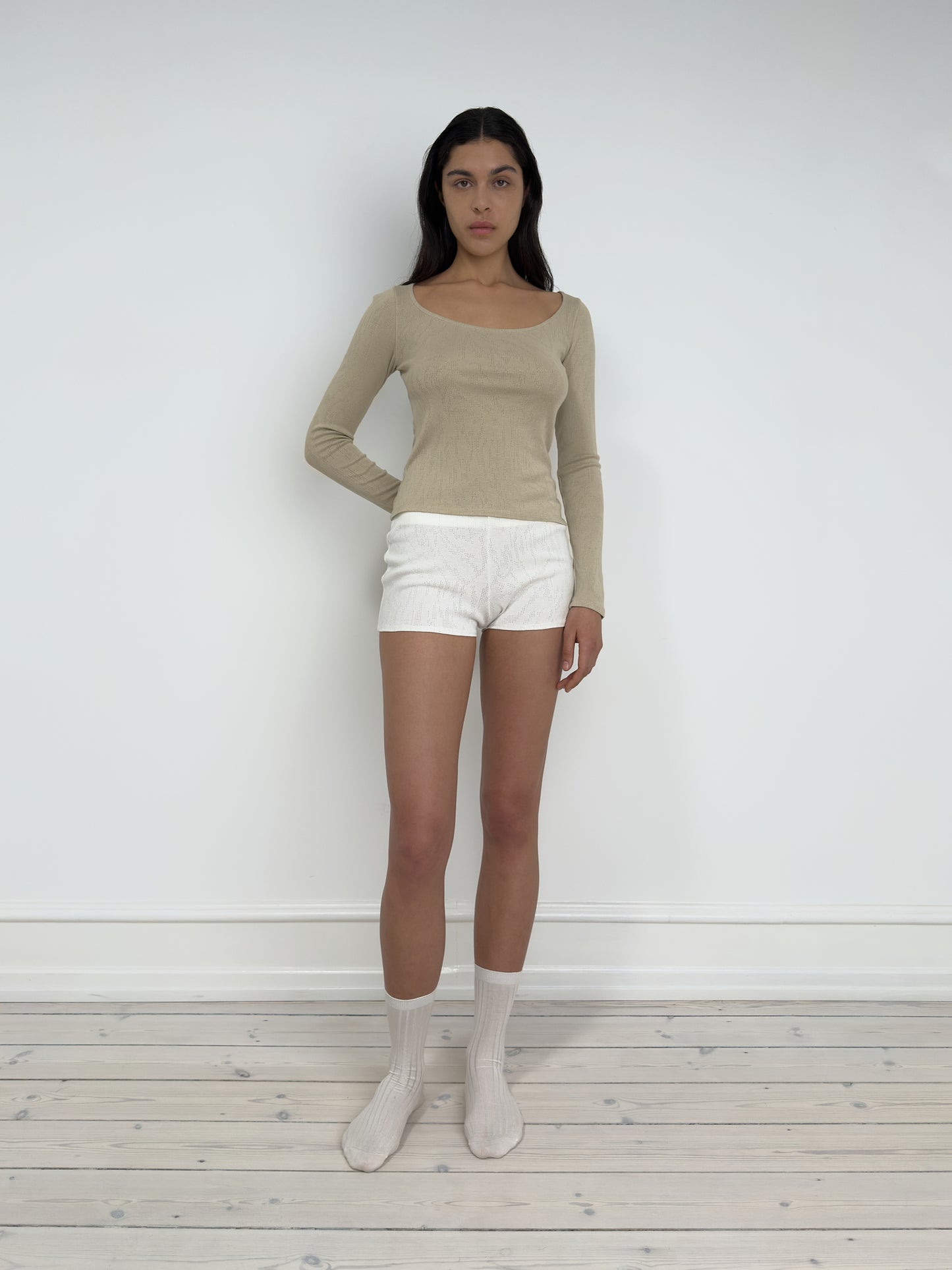 Long Sleeved T-Shirt With Deep Neckline, Sage