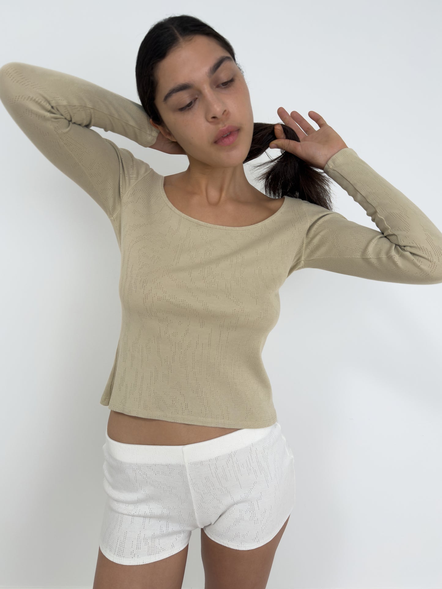 Long Sleeved T-Shirt With Deep Neckline, Sage