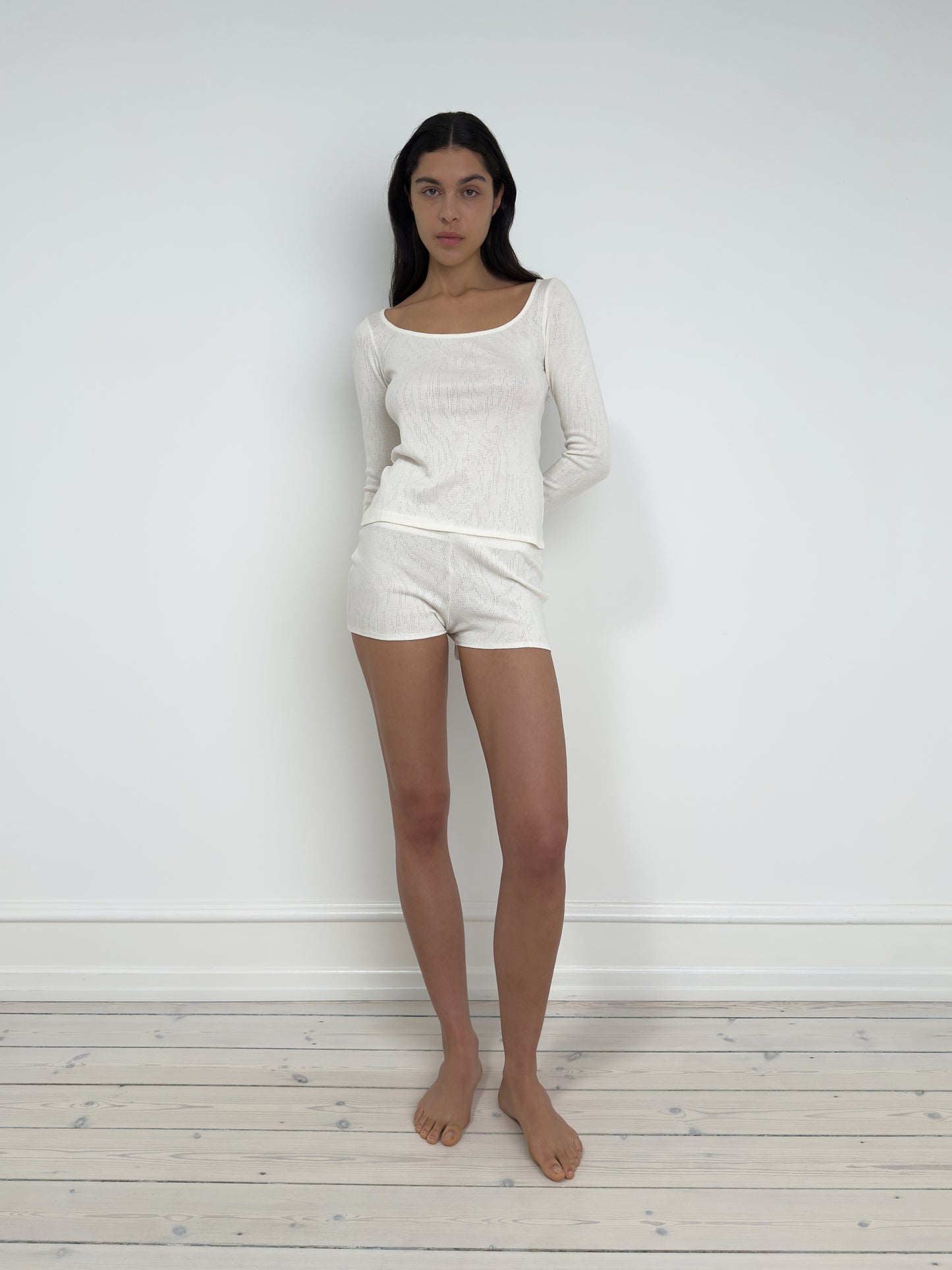 Long Sleeved T-Shirt With Deep Neckline, Ivory
