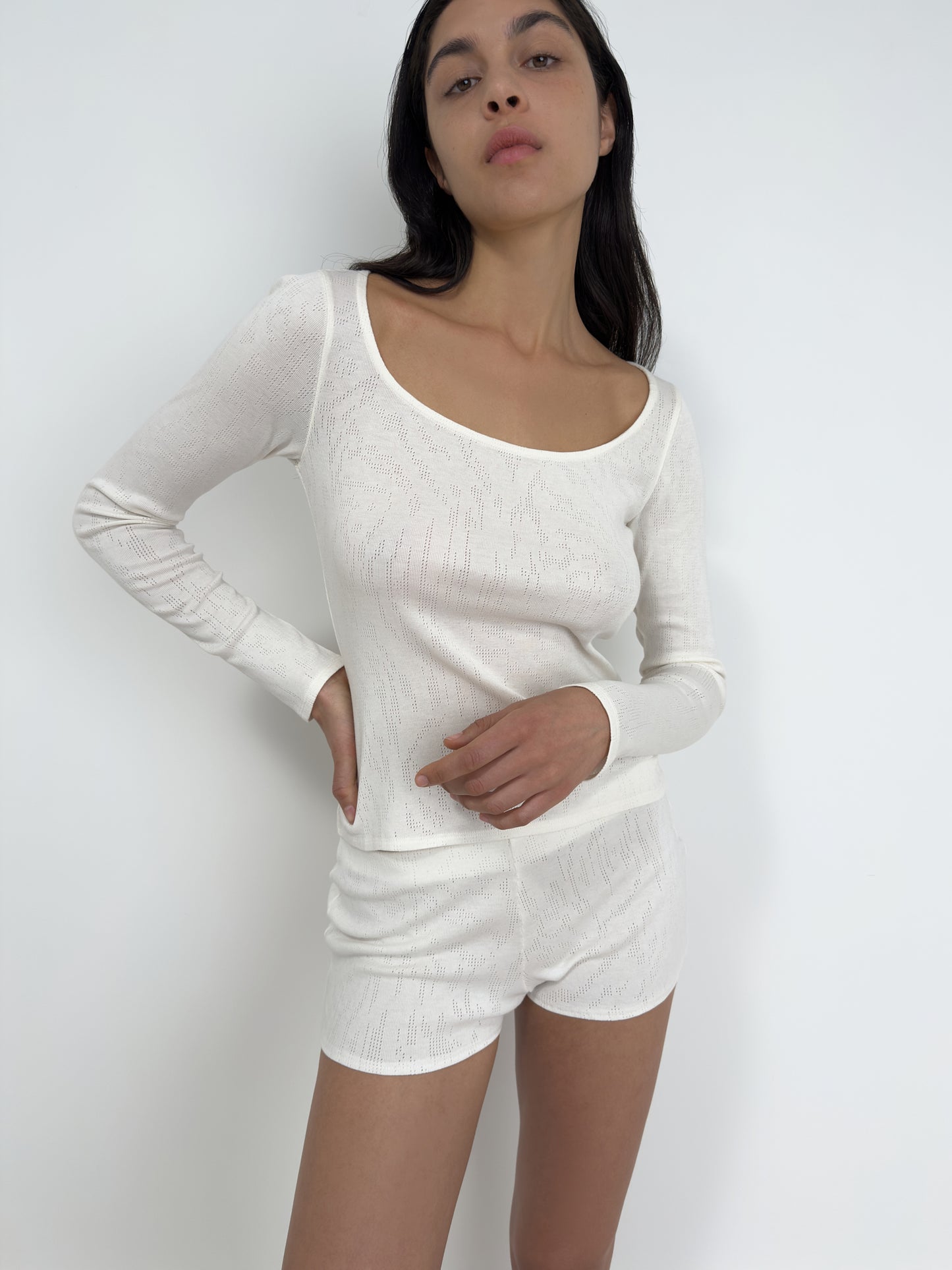 Long Sleeved T-Shirt With Deep Neckline, Ivory