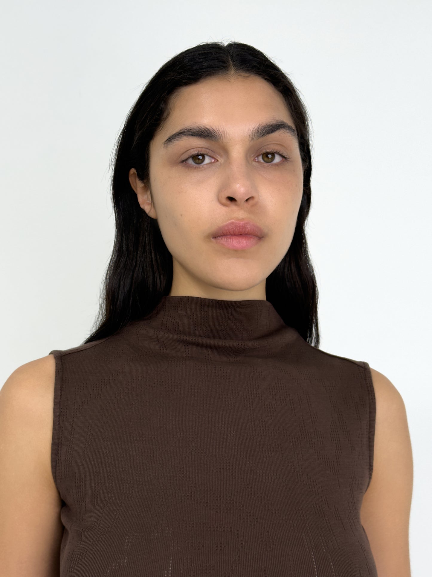 Sleeveless Mock Neck Top, Dark Brown