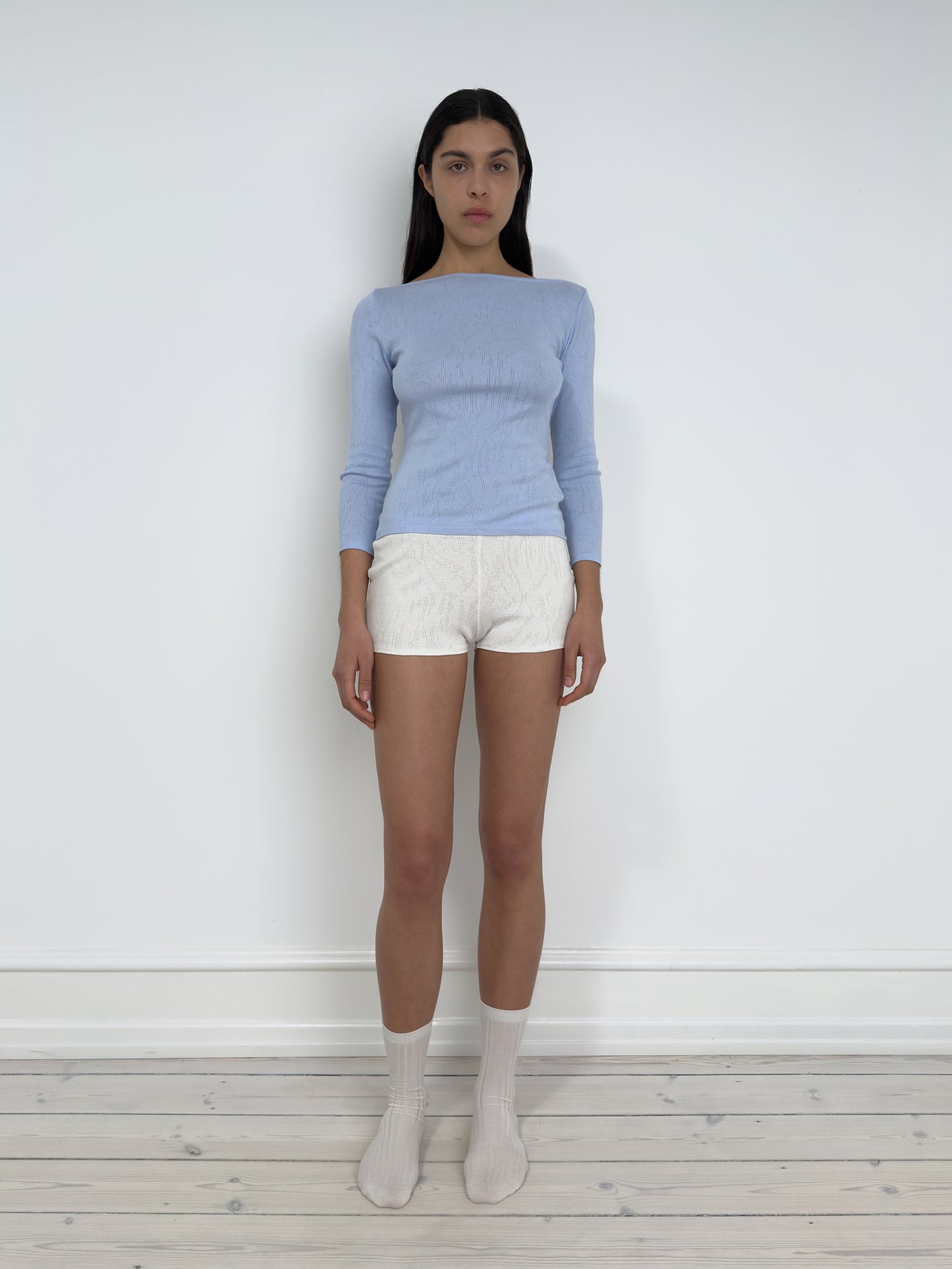 Blouse with Boat Neck and 3/4 Sleeves, Light Blue