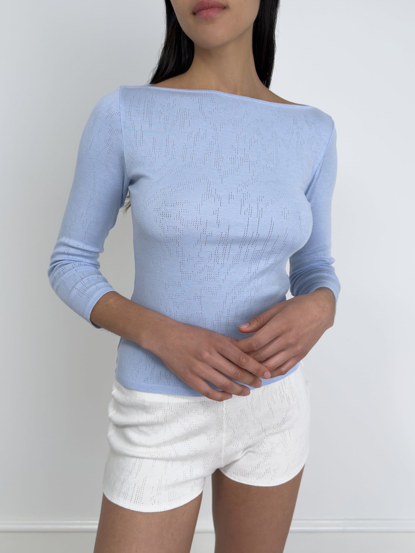 Blouse with Boat Neck and 3/4 Sleeves, Light Blue