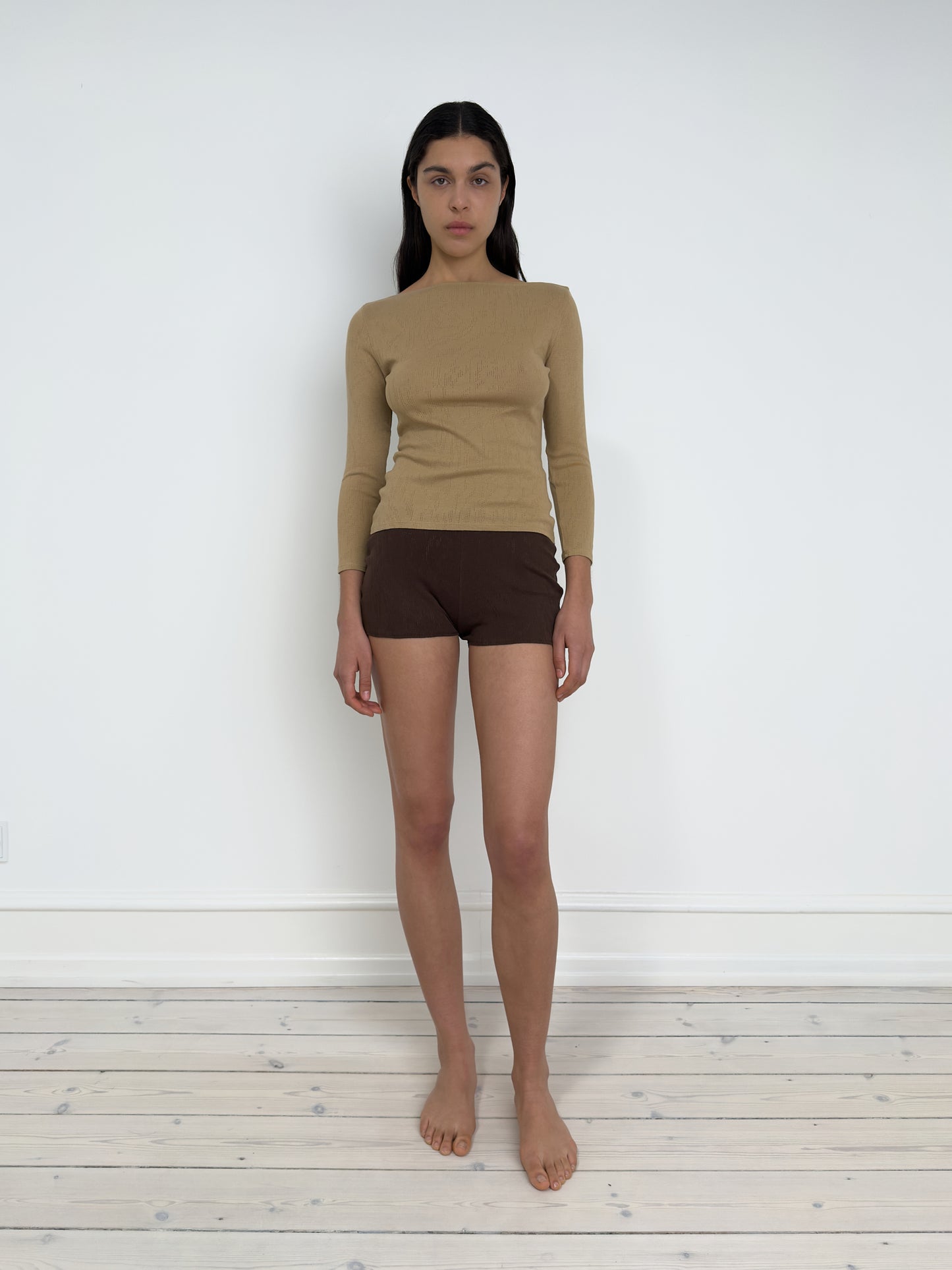 Blouse with Boat Neck and 3/4 Sleeves, Camel