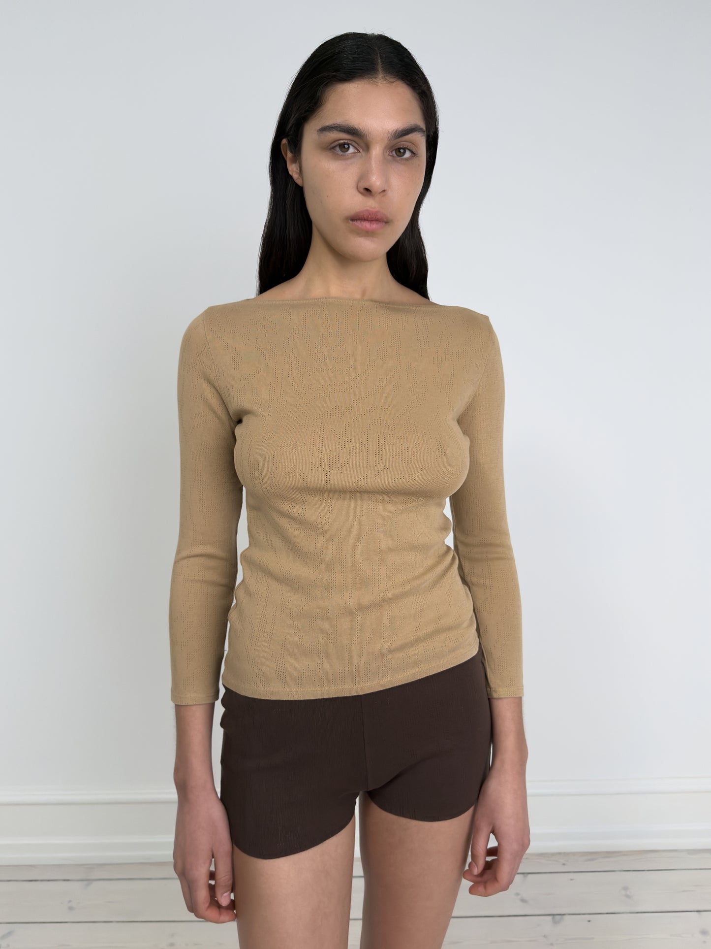 Blouse with Boat Neck and 3/4 Sleeves, Camel