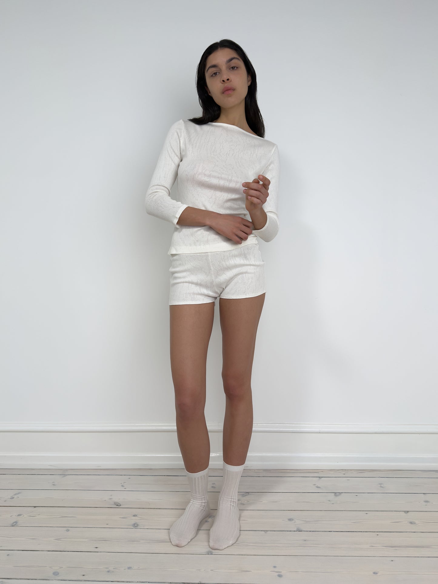 Blouse with Boat Neck and 3/4 Sleeves, Ivory