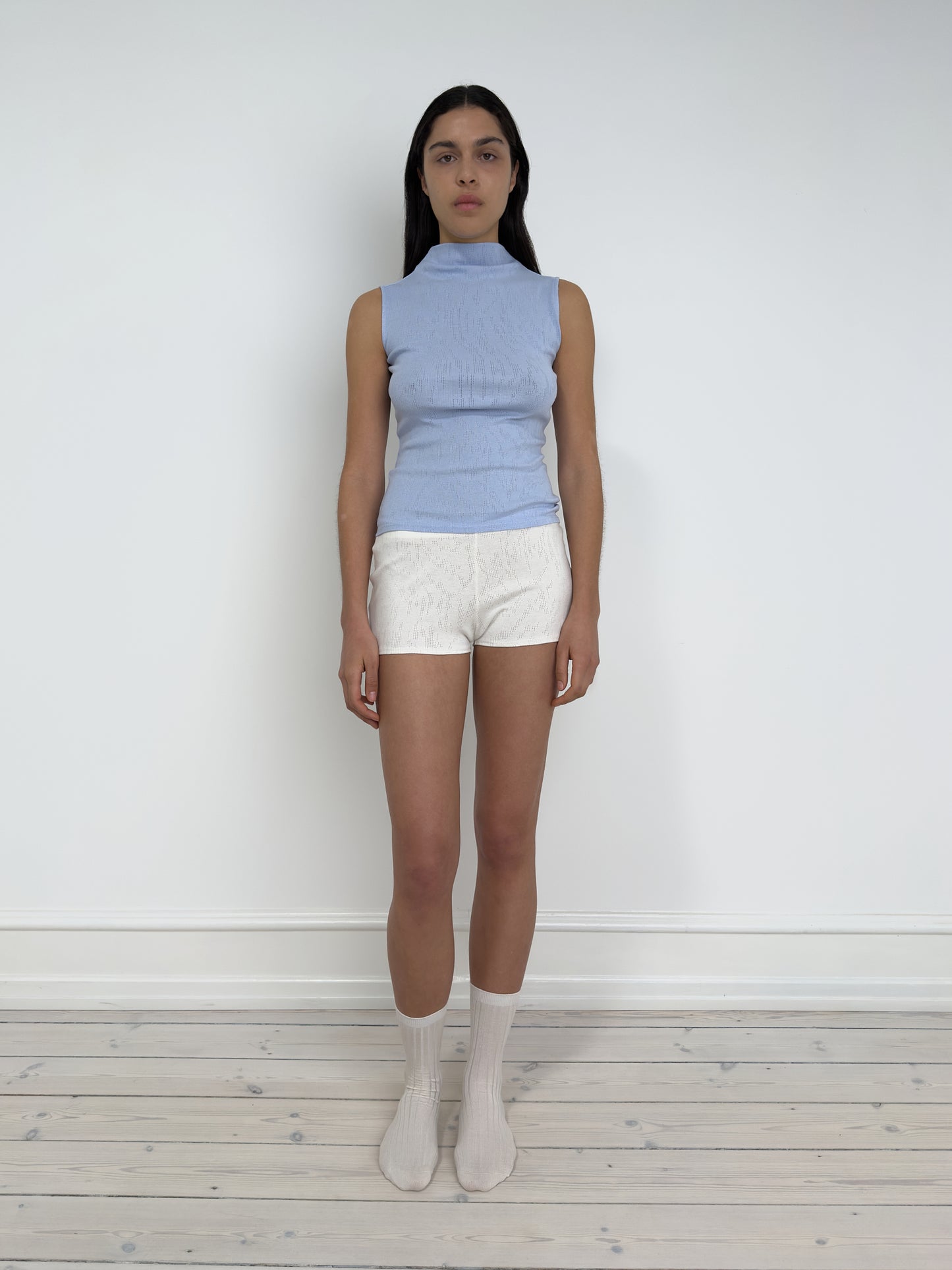 Sleeveless Mock Neck Top, Light Blue