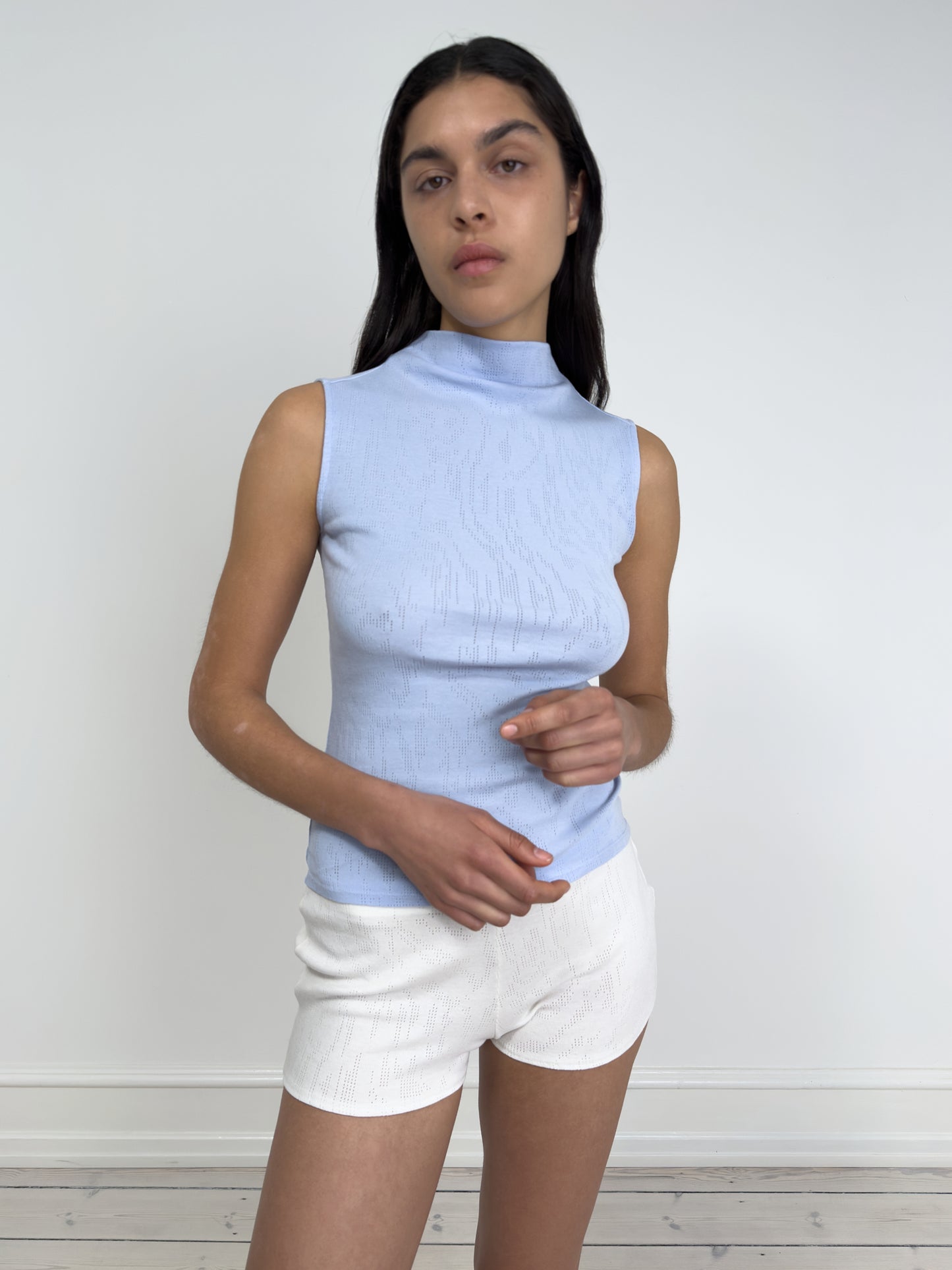 Sleeveless Mock Neck Top, Light Blue