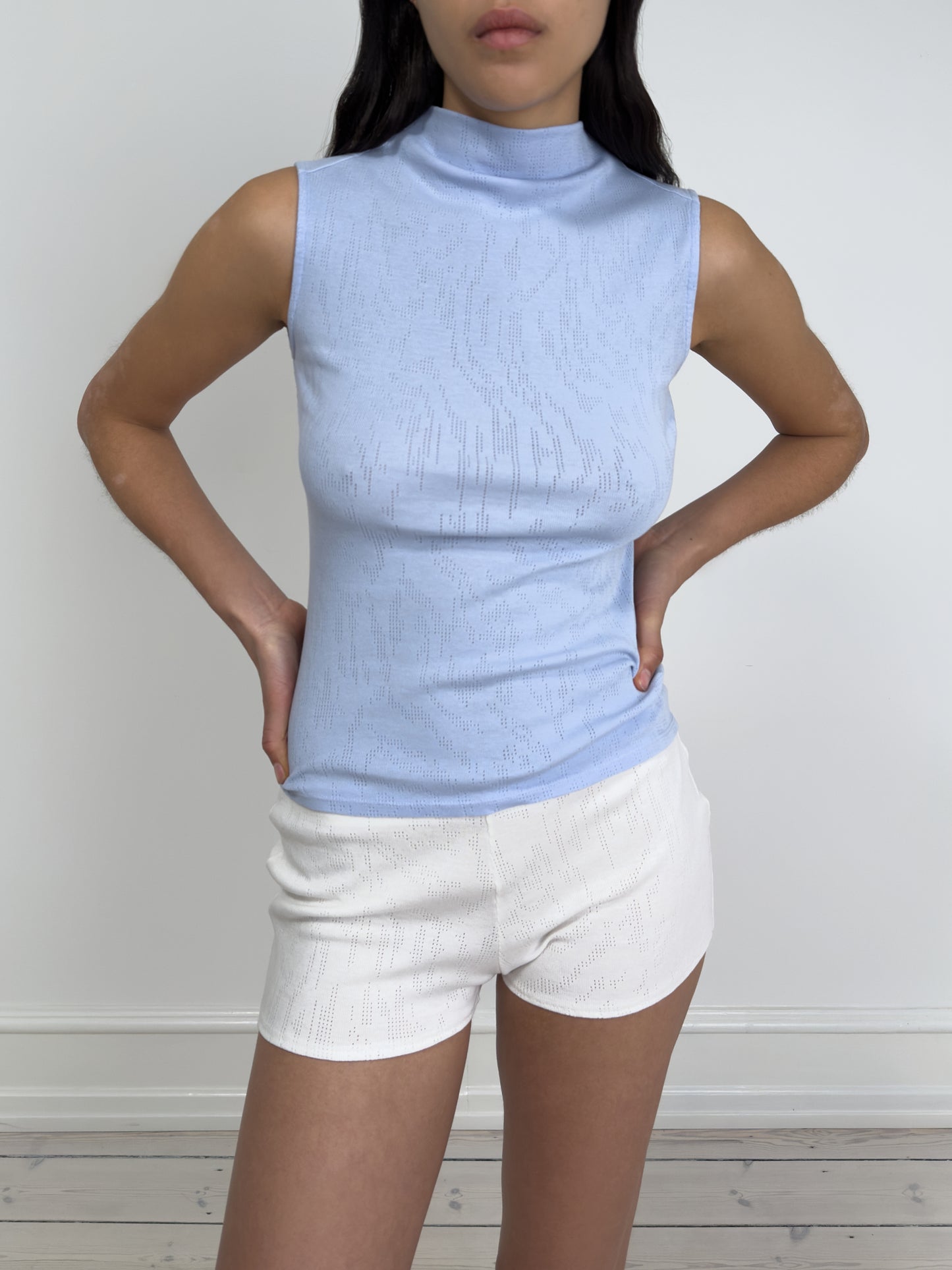 Sleeveless Mock Neck Top, Light Blue