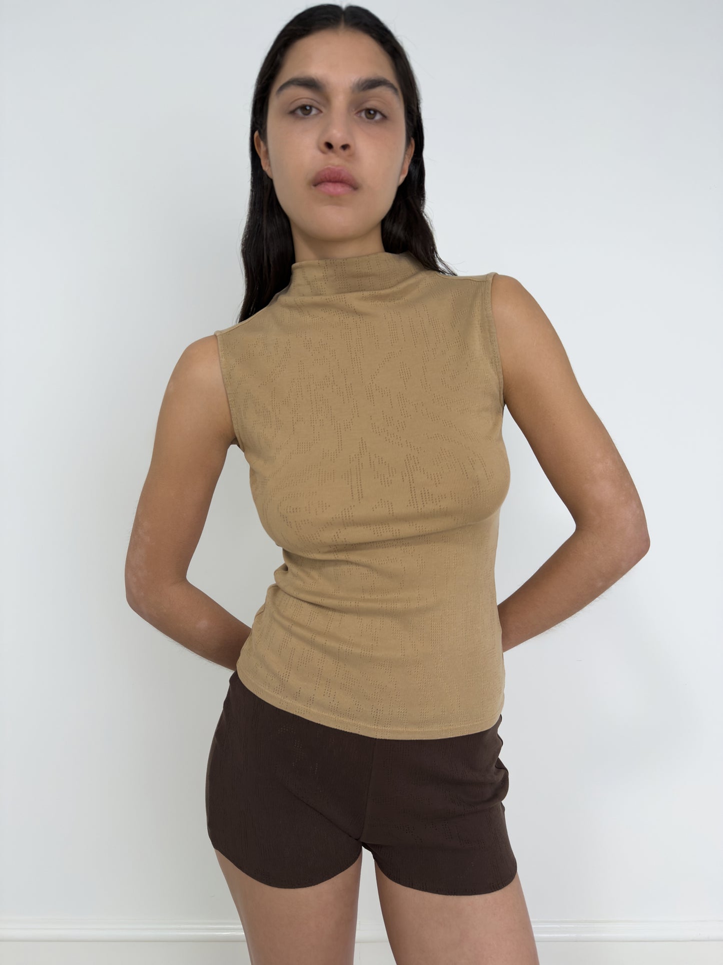 Sleeveless Mock Neck Top, Camel