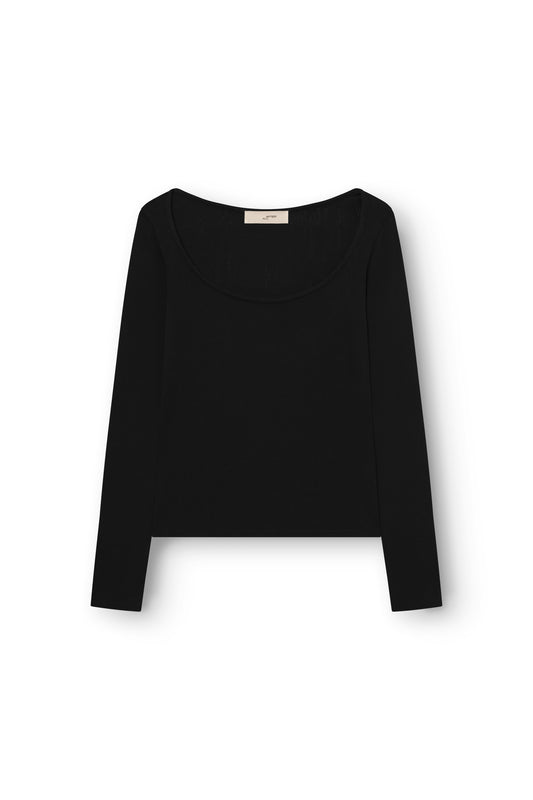 Long Sleeved T-Shirt With Deep Neckline, Black