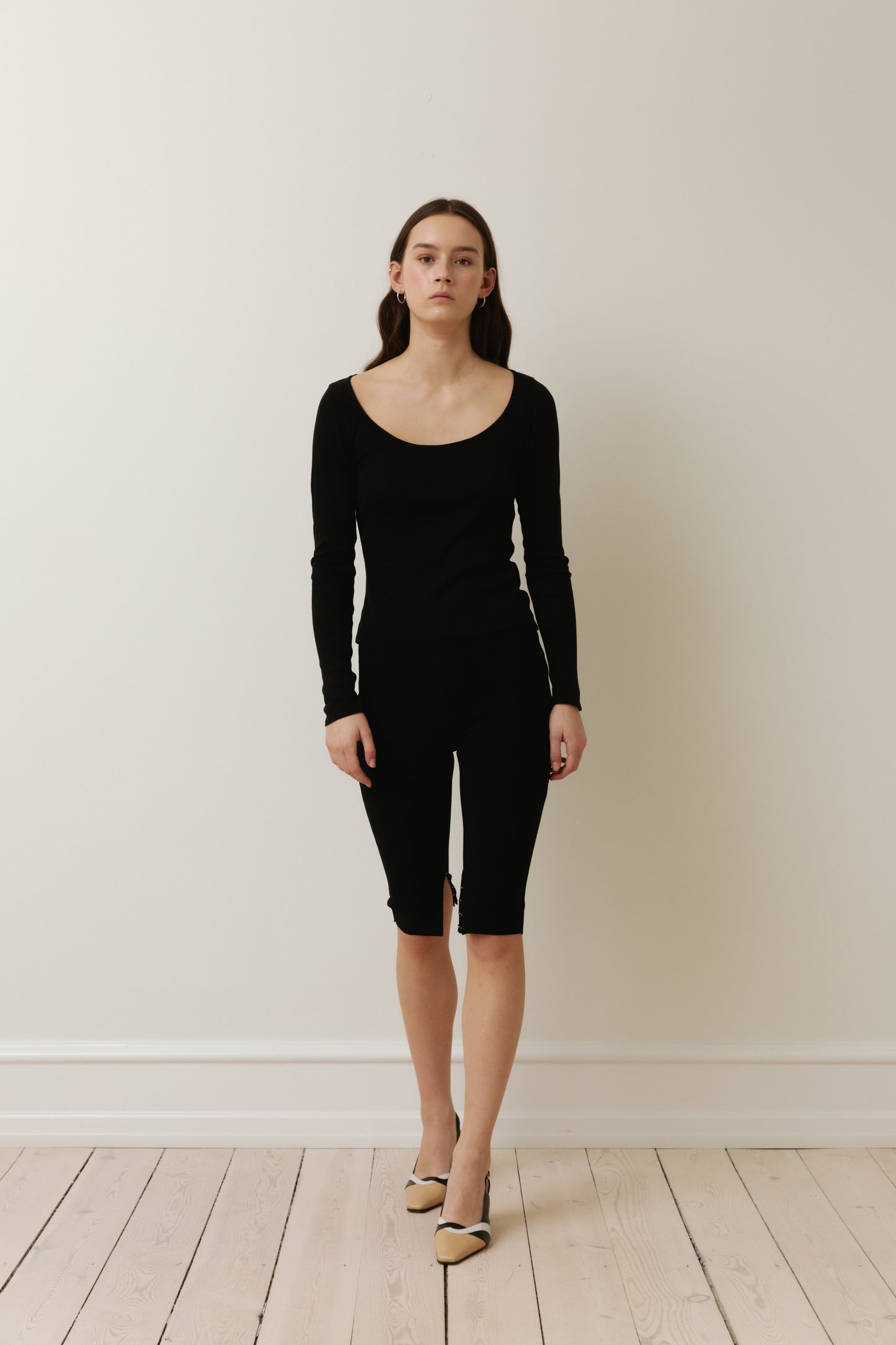 Long Sleeved T-Shirt With Deep Neckline, Black