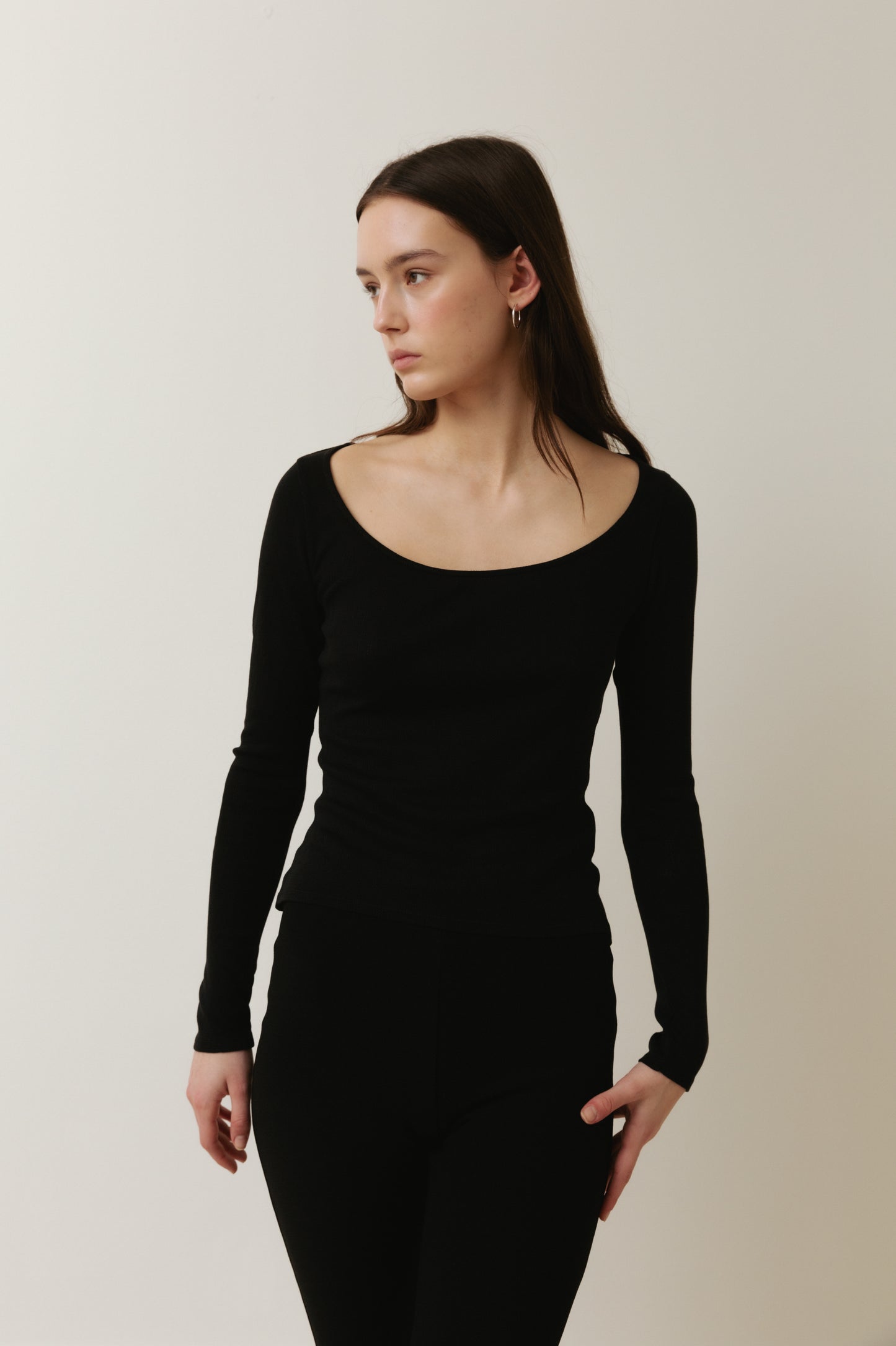 Long Sleeved T-Shirt With Deep Neckline, Black