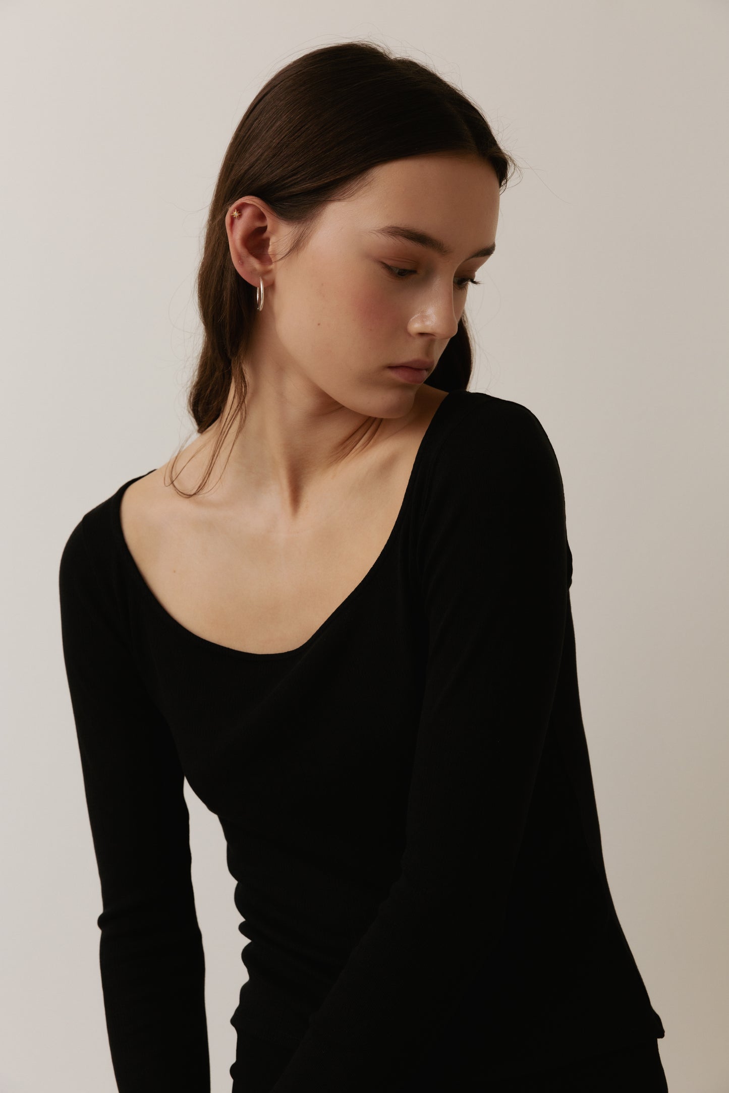 Long Sleeved T-Shirt With Deep Neckline, Black