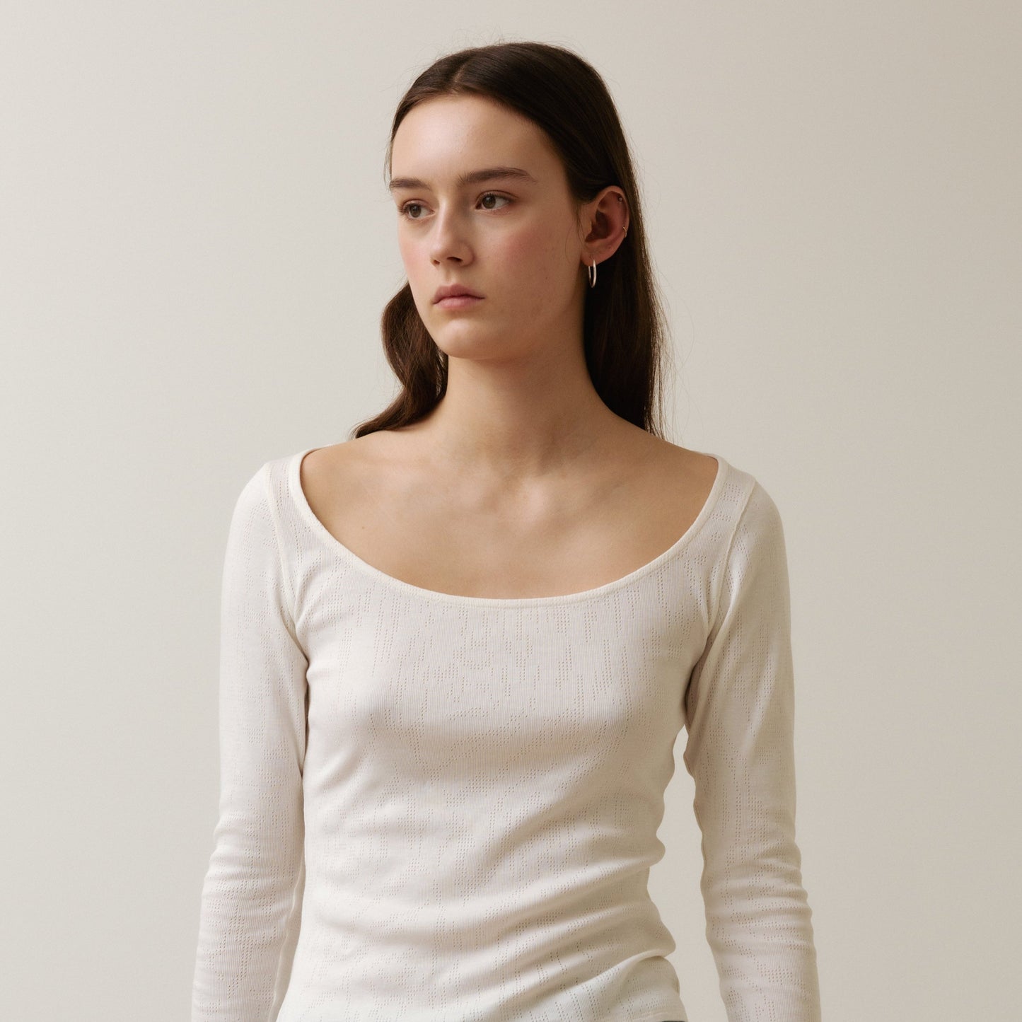 Long Sleeved T-Shirt With Deep Neckline, Ivory