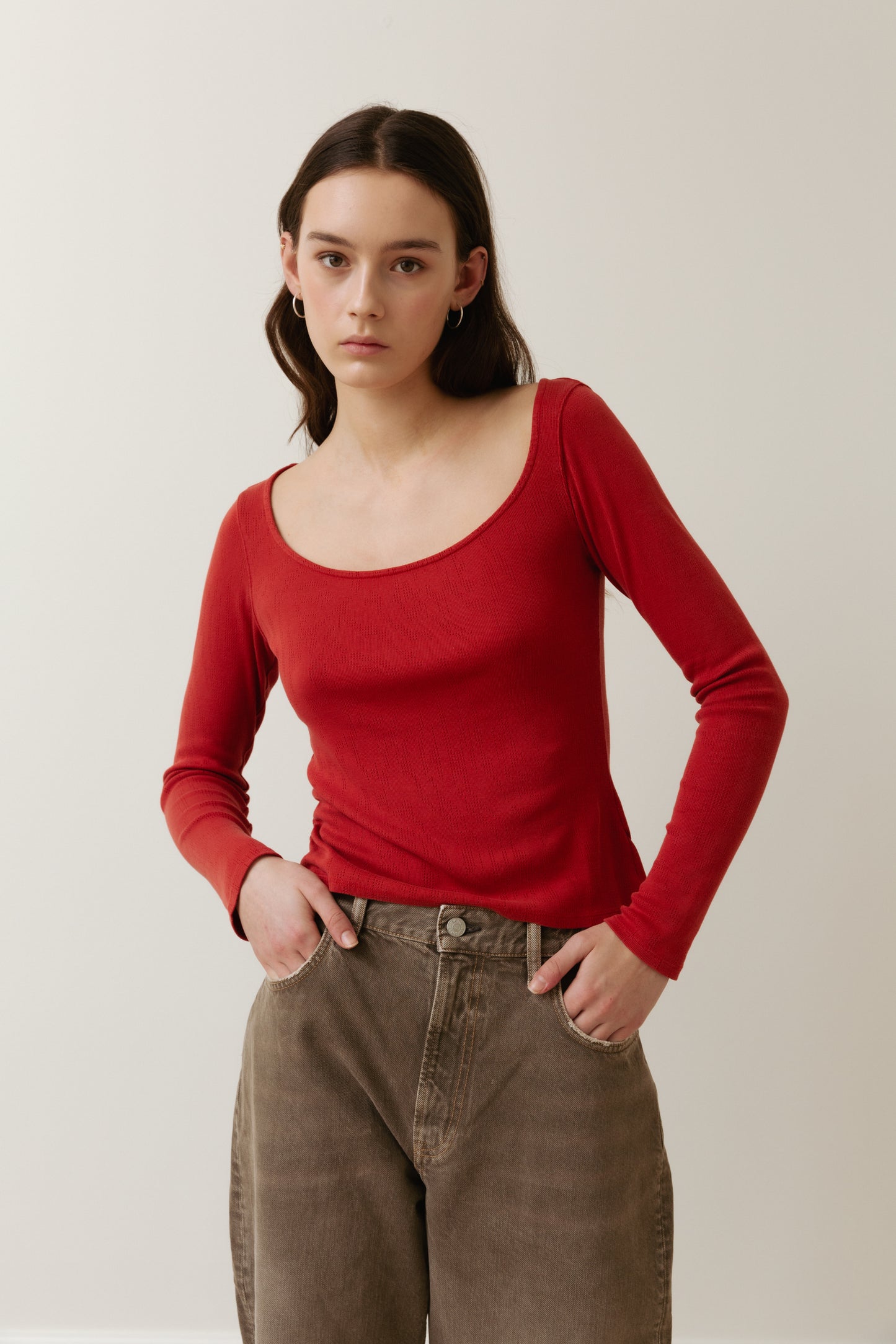 Long Sleeved T-Shirt With Deep Neckline, Poppy