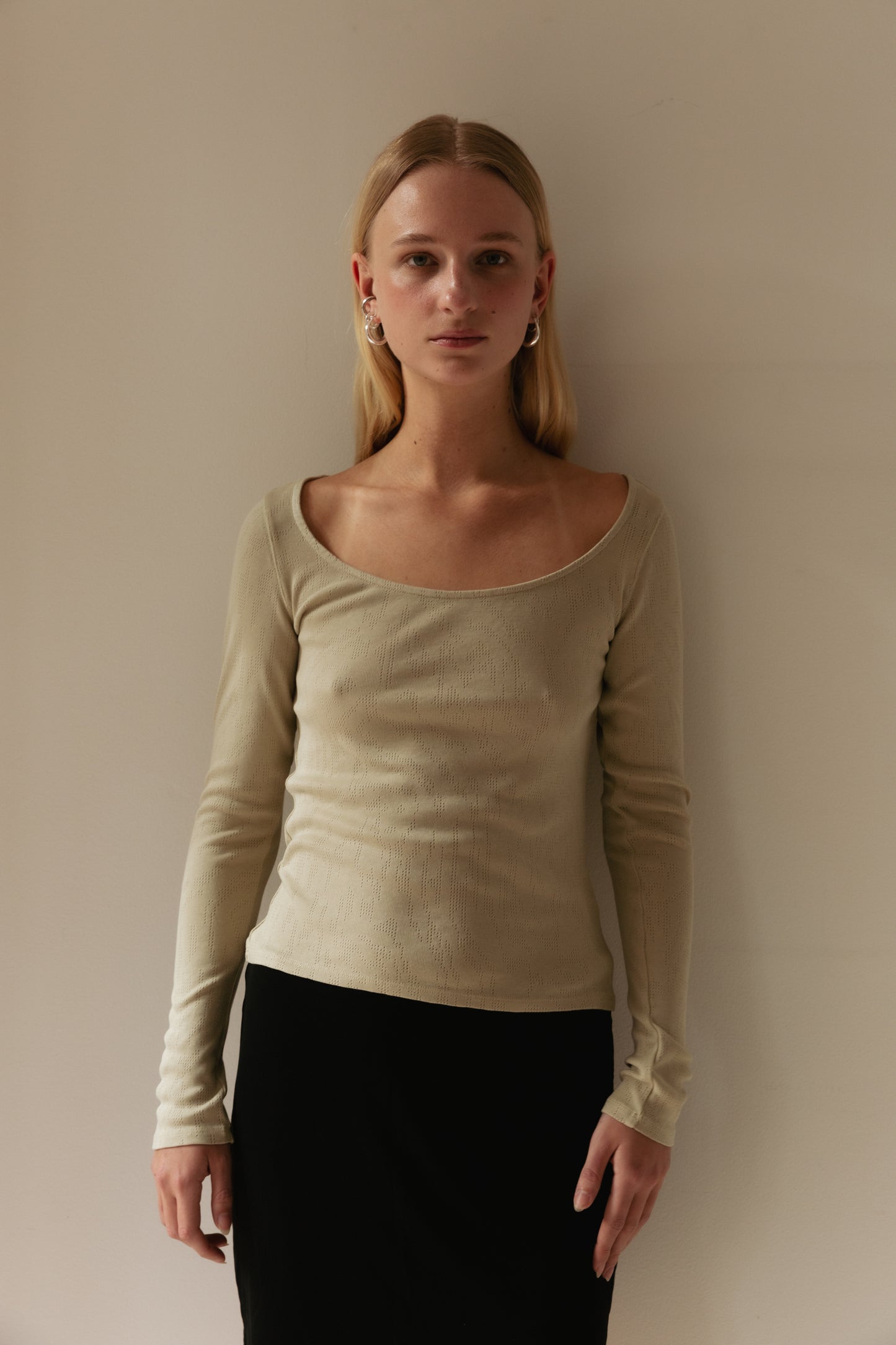 Long Sleeved T-Shirt With Deep Neckline, Sage