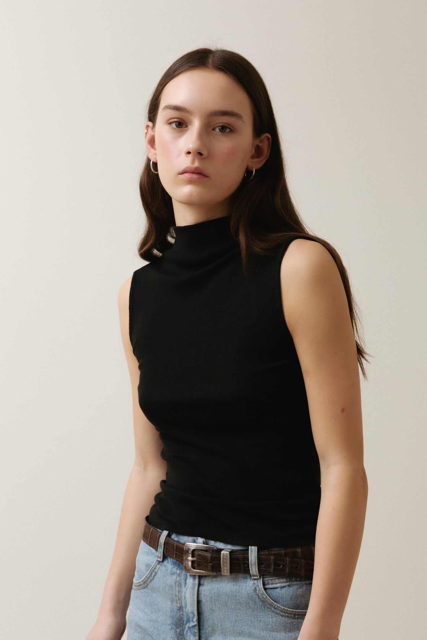 Sleeveless Mock Neck Top, Black