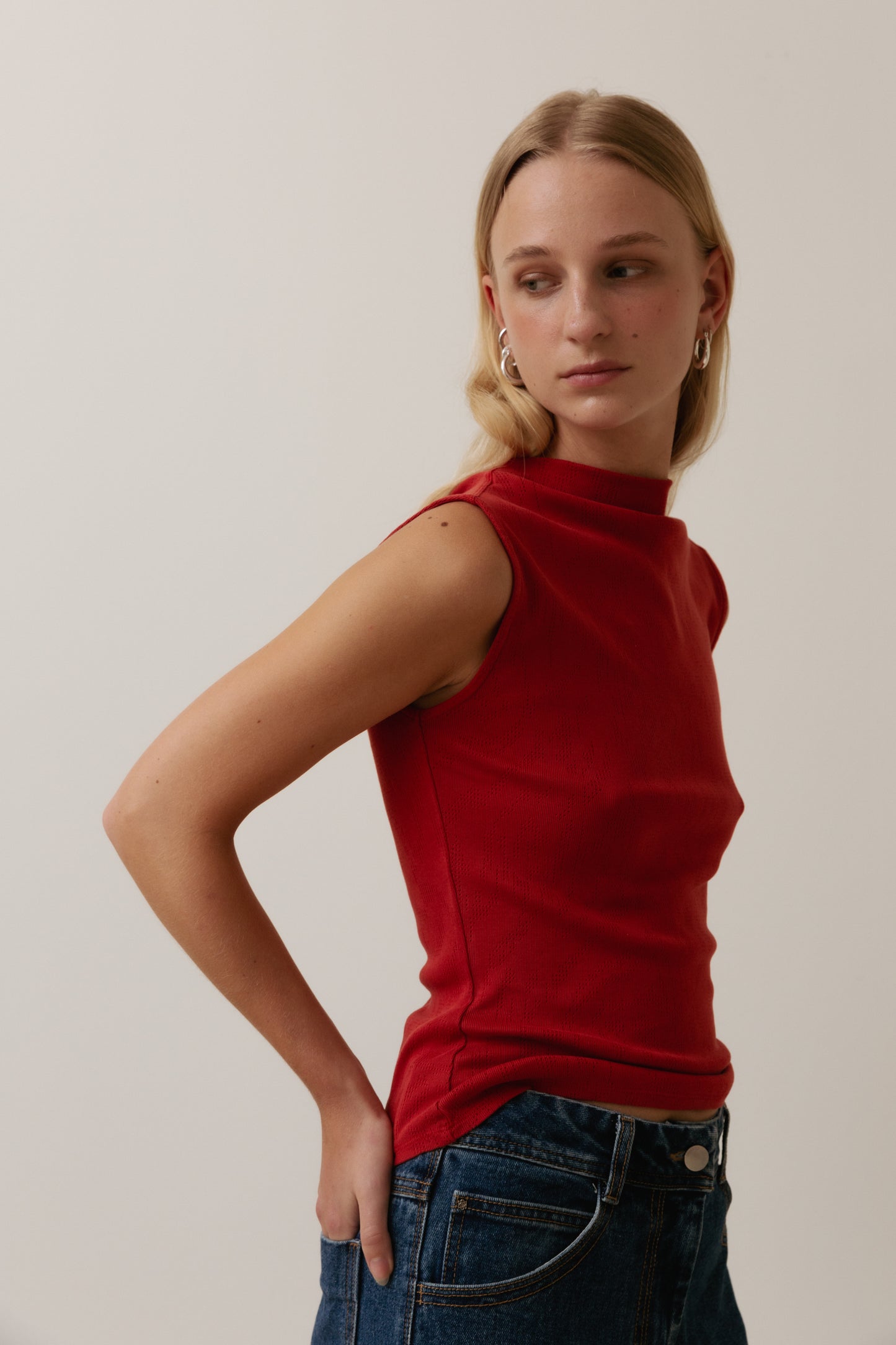 Sleeveless Mock Neck Top, Poppy